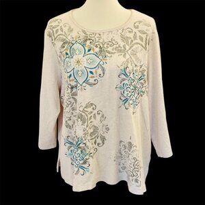 Alfred Dunner 3/4 Sleeve Top Sz 2X Blue Green Gold Embroidered Sequins Autumn